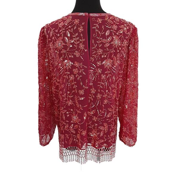 Vintage 70s Jack Bryan Beaded Sheer Silk Tunic Top Cherry Red Evening Holiday - Picture 3 of 15